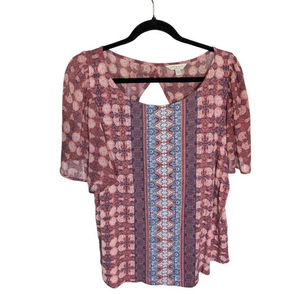 Lucky Brand Boho Flutter Sleeve Blouse Geometric Red & Blue Aztec Pattern Size X - Picture 1 of 4